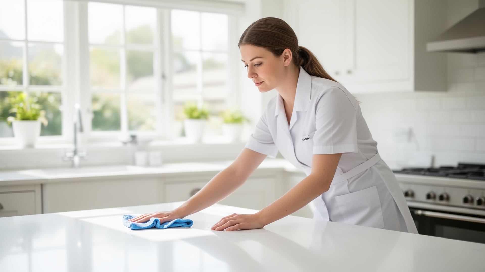 Professional UK cleaner sanitising a bright modern kitchen